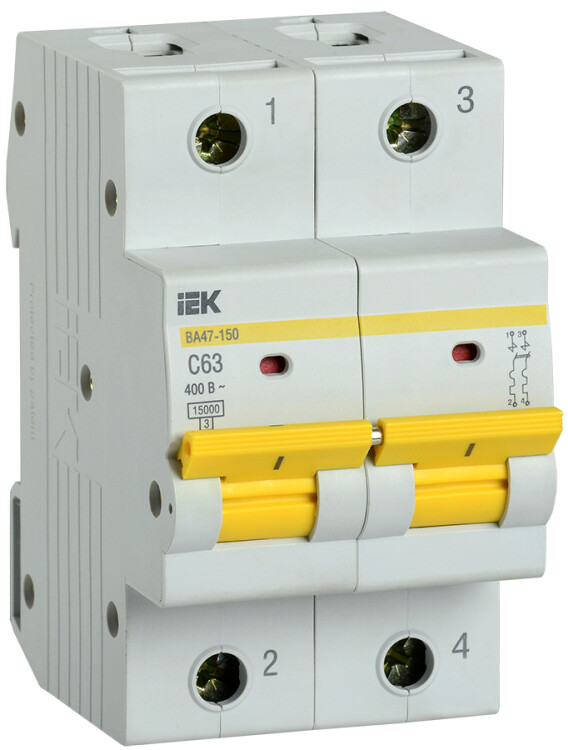 Выключатель автоматический двухполюсный ВА47-150 63А C 15кА | MVA50-2-063-C | IEK