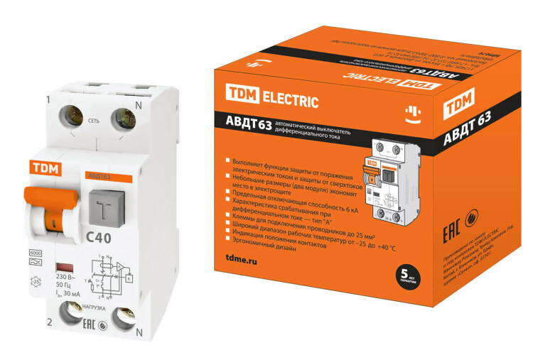 Выключатель автоматический дифференциальный АВДТ 63 1п+N 40А C 30мА тип A | SQ0202-0006 | TDM