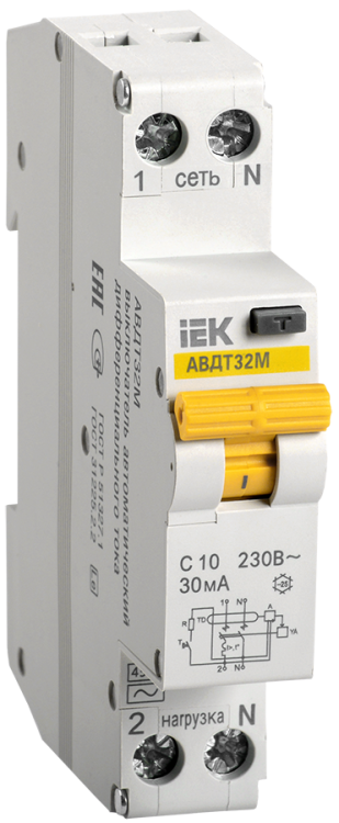 Выключатель автоматический дифференциальный АВДТ32М 1п+N 10А C 30мА тип AC (1 мод) | MAD32-5-010-C-30 | IEK