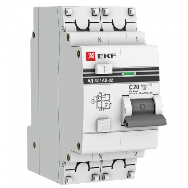 Выключатель автоматический дифференциальный АД-32 1п+N 20А C 30мА тип AC PROxima (электронный) | DA32-20-30-pro | EKF
