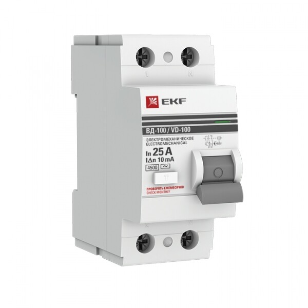 Выключатель дифференциальный (УЗО) ВД-100 2п 25А 10мА тип AC PROxima | elcb-2-25-10-em-pro | EKF