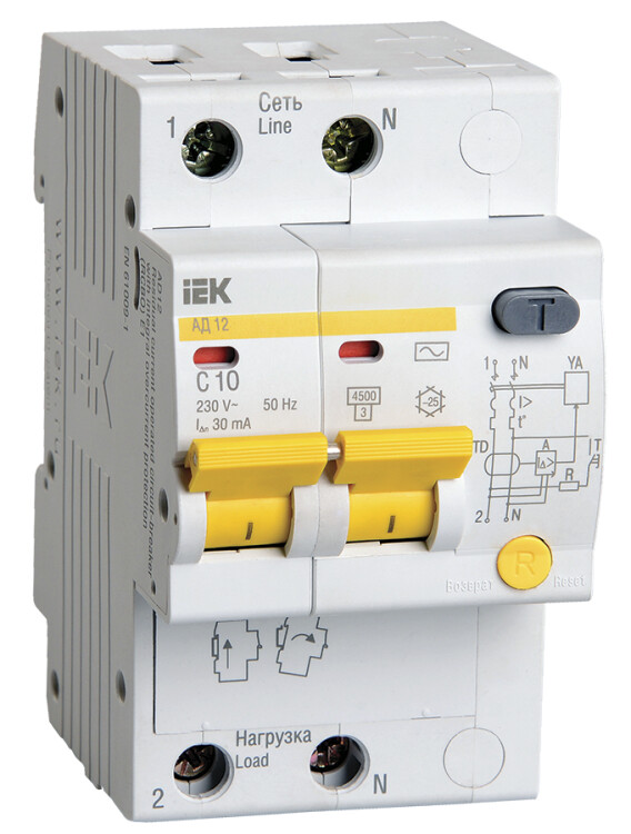 Выключатель автоматический дифференциальный АД12 2п 10А C 30мА тип AC (3 мод) | MAD10-2-010-C-030 | IEK