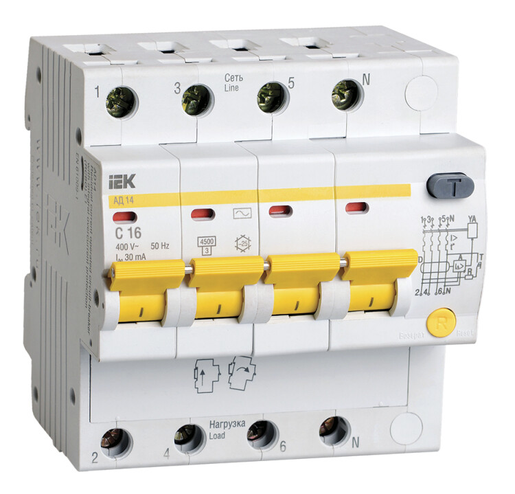 Выключатель автоматический дифференциальный АД14 4п 16А C 30мА тип AC (5 мод) | MAD10-4-016-C-030 | IEK