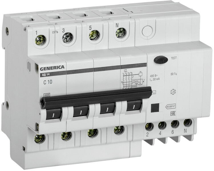 Выключатель автоматический дифференциальный АД14 4п 10А C 10А тип AC (6,5 мод) GENERICA | MAD15-4-010-C-030 | IEK