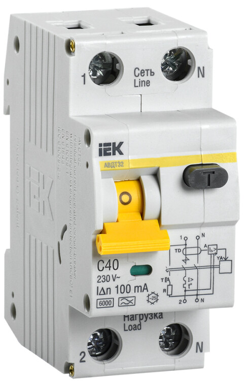 Выключатель автоматический дифференциальный АВДТ 32 1п+N 40А C 100мА тип A | MAD22-5-040-C-100 | IEK
