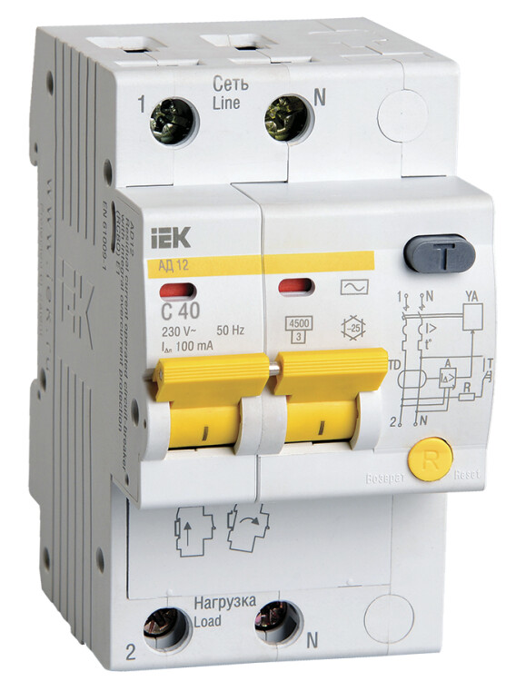 Выключатель автоматический дифференциальный АД12 2п 40А C 100мА тип AC (3 мод) | MAD10-2-040-C-100 | IEK