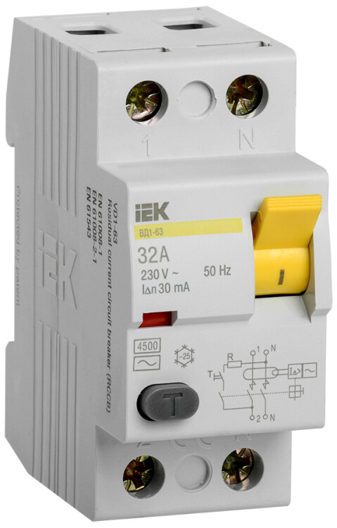Выключатель дифференциальный (УЗО) ВД1-63 2п 32А 30мА тип AC | MDV10-2-032-030 | IEK
