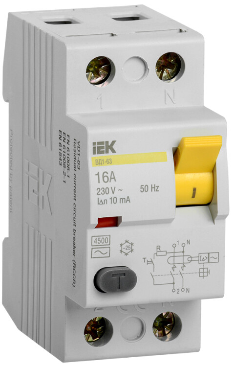 Выключатель дифференциальный (УЗО) ВД1-63 2п 16А 10мА тип AC | MDV10-2-016-010 | IEK