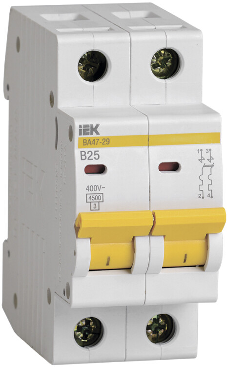 Выключатель автоматический двухполюсный ВА47-29 25А B 4,5кА | MVA20-2-025-B | IEK