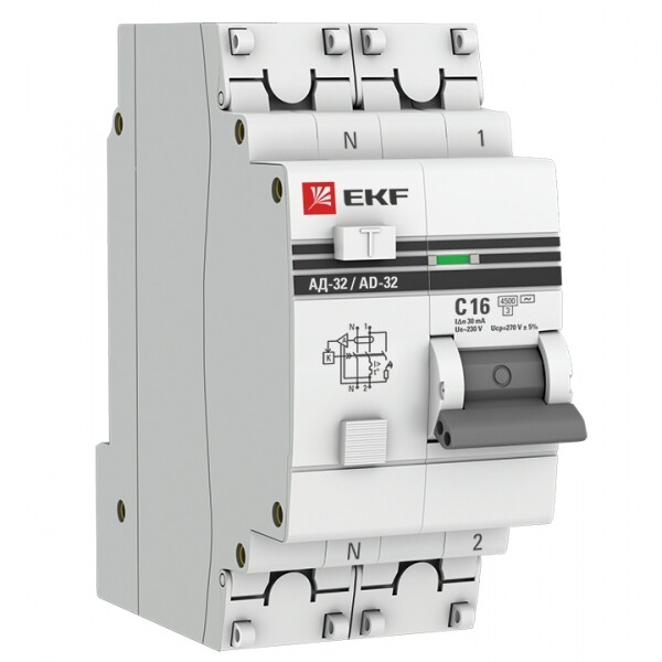 Выключатель автоматический дифференциальный АД-32 1п+N 16А C 30мА тип AC PROxima (электронный) | DA32-16-30-pro | EKF